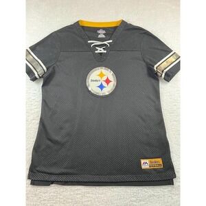 Pittsburgh Steelers Womens Large Lace Up Jersey Shirt Majestic NFL Black